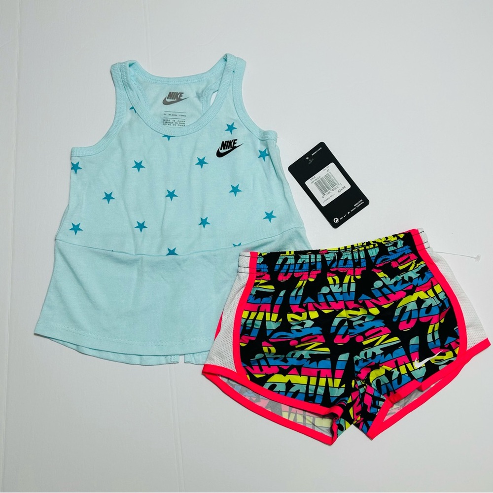 Nike Split Back Tank Top & Dri-Fit Shorts Set Outfit Teal Black 2T NEW